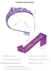 Set tiara da principessa e fascia glitterata viola con misure dettagliate