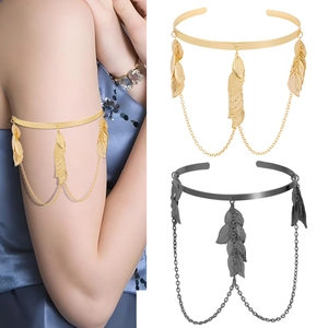 Vintage Baroque Leaf Tassel Arm Ring For Women Adjustable Zinc Alloy Leaf Chain Armlet Bohemian Style Fashion Jewelry