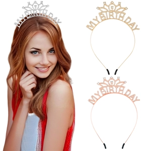 My Birthday Rhinestone Crown Headband For Women Zinc Alloy Crystal Birthday Party Tiara Hair Accessories Gold Silver Rose Gold