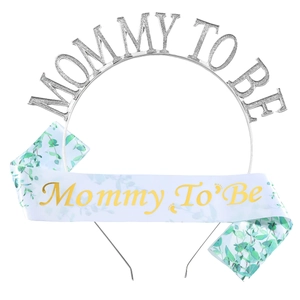 Serre-tête argenté Mommy To Be et écharpe en satin fleuri pour fête prénatale