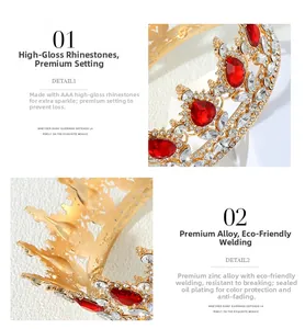 Détail macro d'une couronne de mariée dorée avec cristaux rouges et strass de qualité AAA