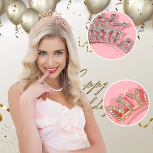 Sparkling rhinestone My Birthday crown headband in rose gold and silver colors