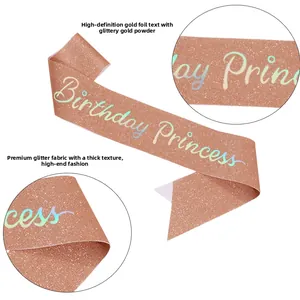 Dettaglio della fascia Birthday Princess oro rosa con tessuto glitter e lamina olografica