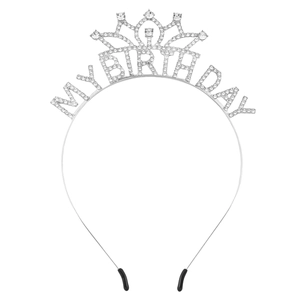 Elegant silver My Birthday crown headband with sparkling rhinestones for party decor