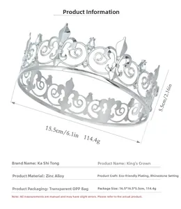 Silver King Crown details showing 15.5cm diameter and 5.5cm height with rhinestones