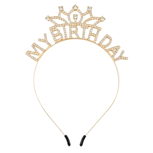 Golden My Birthday crown headband with sparkling rhinestones for party decoration