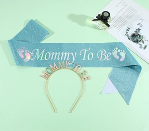 Blue glitter Mommy To Be sash and gold headband set for baby shower party decoration