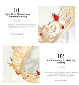 Detail of gold crown featuring AAA red crystals and high-quality zinc alloy finish