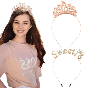 16th Birthday Party Tiara Rhinestone Crown Headband Sweet 16 Birthday Decoration For Women Girls Rose Gold Silver Headpiece