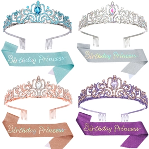 Set Birthday Princess in 4 colori con diademi di cristallo e fasce glitterate coordinate