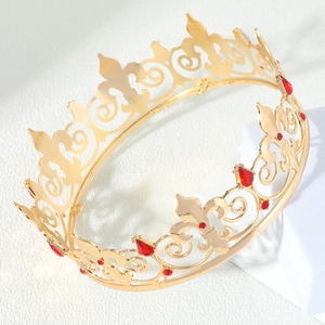 Regal gold crown for men with red crystal gemstones and elegant fleur-de-lis metal motifs