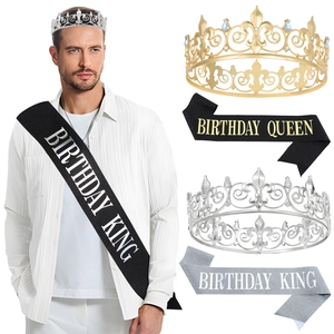 Detail view of alloy birthday crown with rhinestones and Birthday King glitter sash set