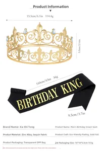 Close-up of gold men's crown with rhinestones and black Birthday King shoulder sash