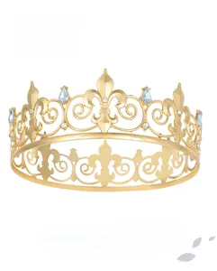 Detail of golden king crown featuring fleur-de-lis design and blue teardrop rhinestones