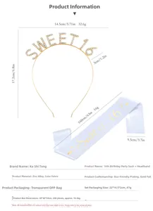 Detail view of Sweet 16 tiara and sash set with precise dimensions for party decor