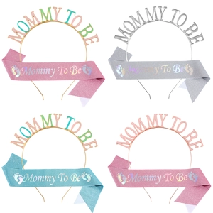 Mommy To Be party set with glitter sash and metal crown headband in four color variants