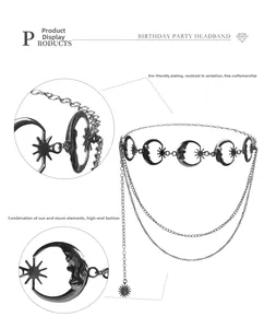 Detail of eco-friendly plating on sun and moon bohemian metal headband with fine craft