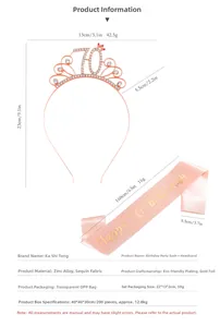Detail view of rose gold 70th birthday tiara with rhinestones and pink glitter sash