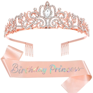 Corona di cristallo oro rosa e fascia in raso rosa Birthday Princess per feste