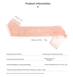 Detailed view of pink satin 40th birthday sash with gold foil font and 160x9.5cm dimensions