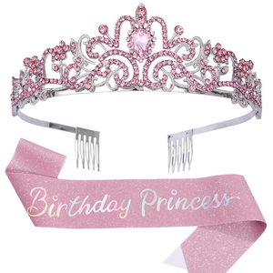Set corona di cristallo rosa e fascia Birthday Princess per decorazioni festa