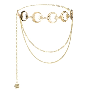 Gold bohemian metal waist chain featuring moon, star pendants and tiered sun charms