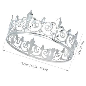 Silver alloy king crown for men with white crystals and hollow patterns on white background