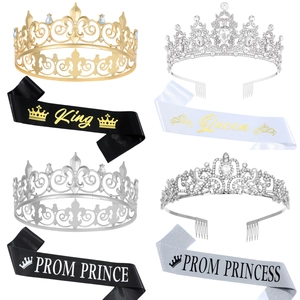 Prom King Queen Crown and Sash Set Zinc Alloy Rhinestone Tiara With Birthday King Sash For Party Decoration Dance Props