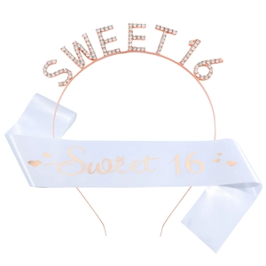 Rose gold crystal crown and white satin sash set for Sweet 16 birthday party decorations