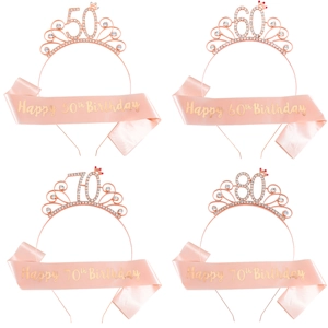 Detail of rose gold birthday tiara and sash set with age numbers 50 to 80 for party decor