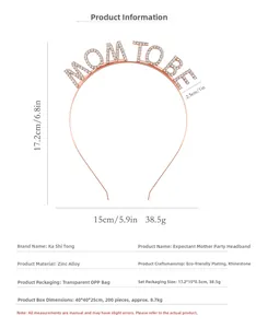 Detailed dimension view of rose gold MOM TO BE headband with sparkling rhinestones