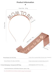 Rose gold Mom to Be metal headband and pink glitter sash set with dimensions shown