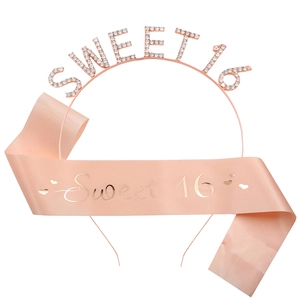 Rose gold Sweet 16 tiara and pink satin sash set for 16th birthday party decoration
