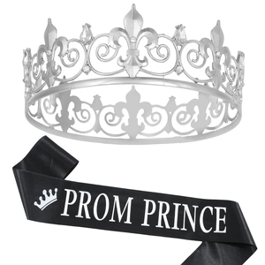 Silver crystal crown with black PROM PRINCE sash for prom king coronation party set