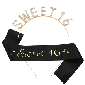 Sweet 16 gold rhinestone tiara and black satin sash set for girl's birthday party