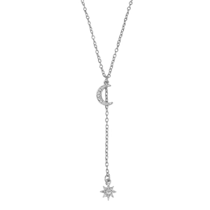 Barocke Y-Halskette in Silber mit Halbmond- und Stern-Anhängern und Kristallen