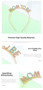 Detail of Mom To Be headband with colorful rhinestones on eco-friendly zinc alloy frame