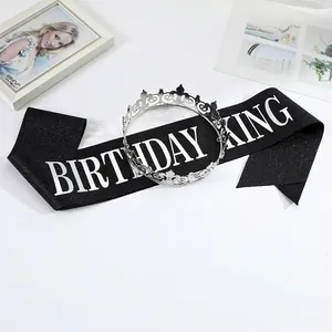 Men's birthday king set with silver hollow crown and black glittery party sash