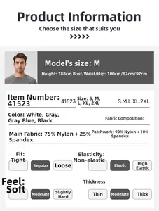 Size guide for men's compression shirt showing dimensions, fabrics, and model information