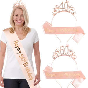 Rose Gold Birthday Queen Tiara And Sash Happy 40th 50th 60th 70th 80th Birthday Rhinestone Crown For Women Party Decorations Accessory