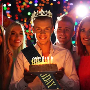 Men's gold crown and black Birthday King sash set for birthday party decorations