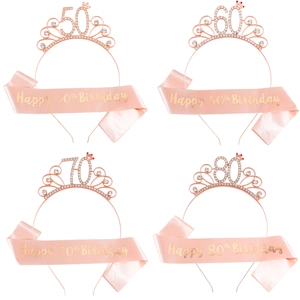 Rose gold birthday tiara and sash set with rhinestones for 50th to 80th anniversary party