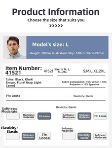 Size chart for men's loose quarter-zip sweatshirt showing fit guide and fabric specs