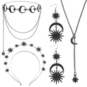 Baroque Star Moon Jewelry Set Zinc Alloy Rhinestone Gothic Headband Necklace Earrings Waist Chain For Women Party Accessory