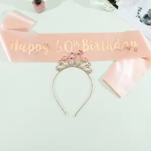 60th Birthday party set with pink satin sash and rhinestone tiara crown accessories