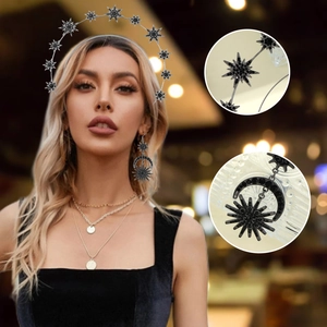 Baroque gothic celestial star headband and crescent moon earring set for evening parties