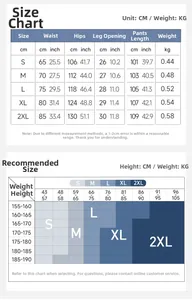 Detailed size chart for men's athletic sweatpants showing waist and length measurements