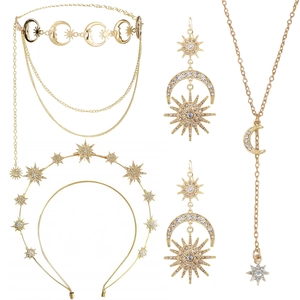 Baroque gold celestial jewelry set with star moon patterns and white rhinestones