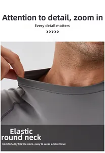 Close-up of the elastic crew neck and fine stitching on men's gray sports compression shirt