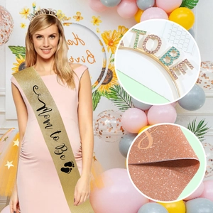 Mom to Be party set with gold glitter sash and rhinestone crown headband for baby shower